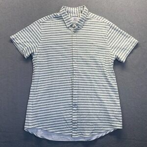 LUGU Men's Striped Green/White Cotton Short Sleeve Shirt‎ Size XL,Buttons Front
